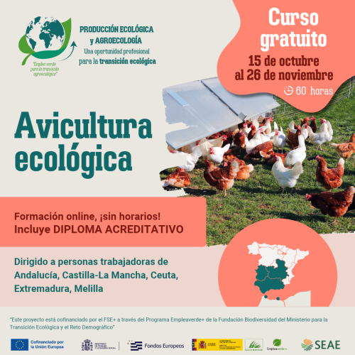 Curso online "Avicultura ecológica". Del 15 de octubre al 26 de noviembre 2026.  Región C